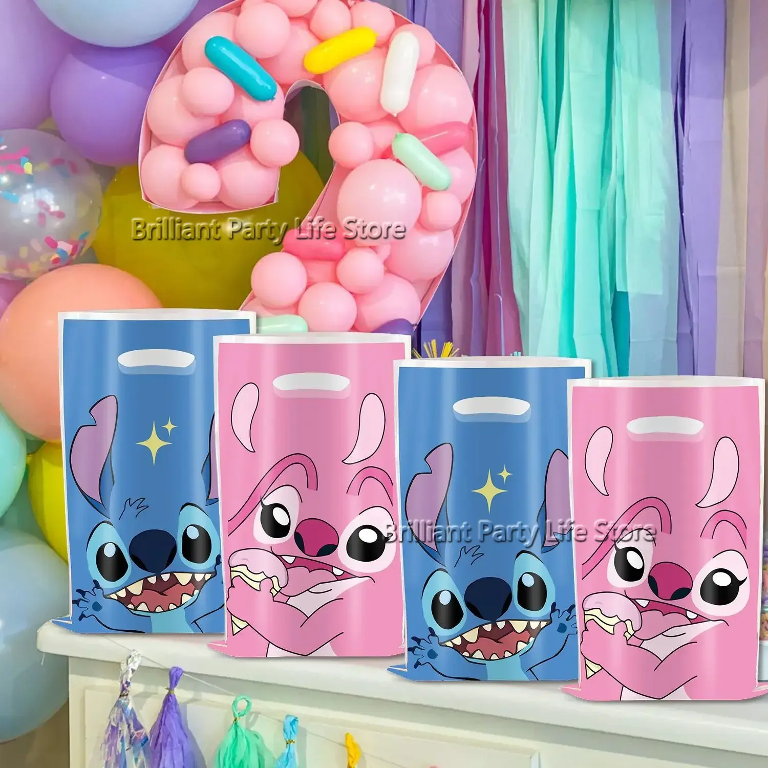 Bolsas de recuerdo de fiesta de Lilo & Stitch de Disney, bolsa de regalo de plástico con puntadas azules y rosas de Ángel para niños, decoraciones