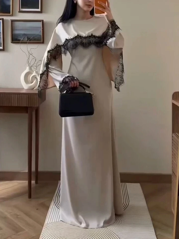

Temperament High Waist Slim Wrap Hips Banquet Dress Elegant Lady Color Blocked Dress New O-neck Lace Spliced Satin Evening Dress
