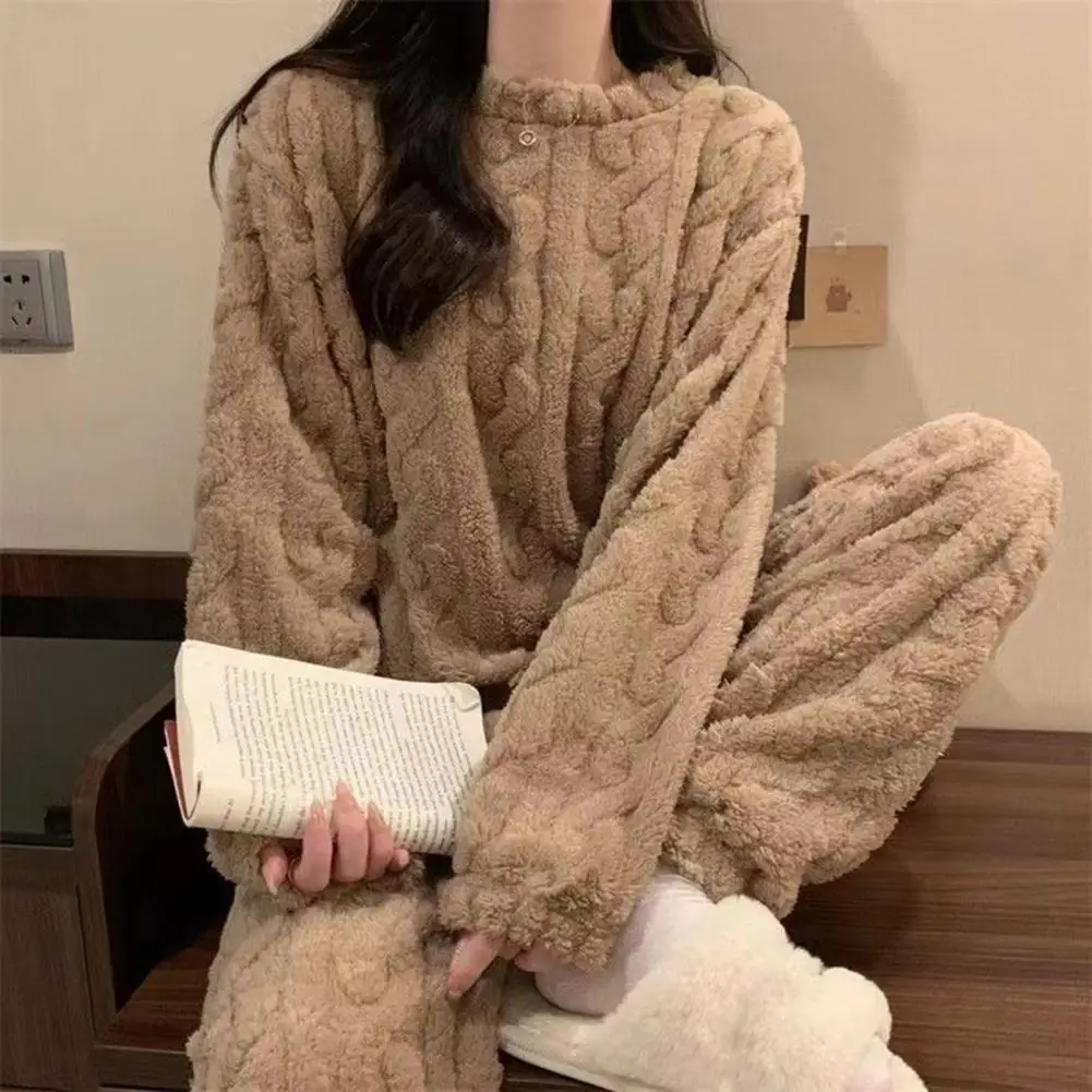 Women's Fleece Pajamas Set Soft Fluffy Pullover Ribbed Two Piece Sleepwear Set Winter Fuzzy Sherpa Velvet Ribbed Lounge Set