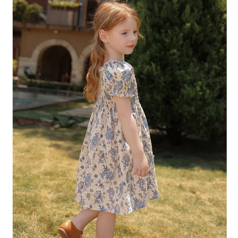 New Summer Clothes Baby Girls Princess Dresses Puff Sleeve Blue Flower  Toddlers Vacation Kids Cotton Cute Dress Casual Outfit