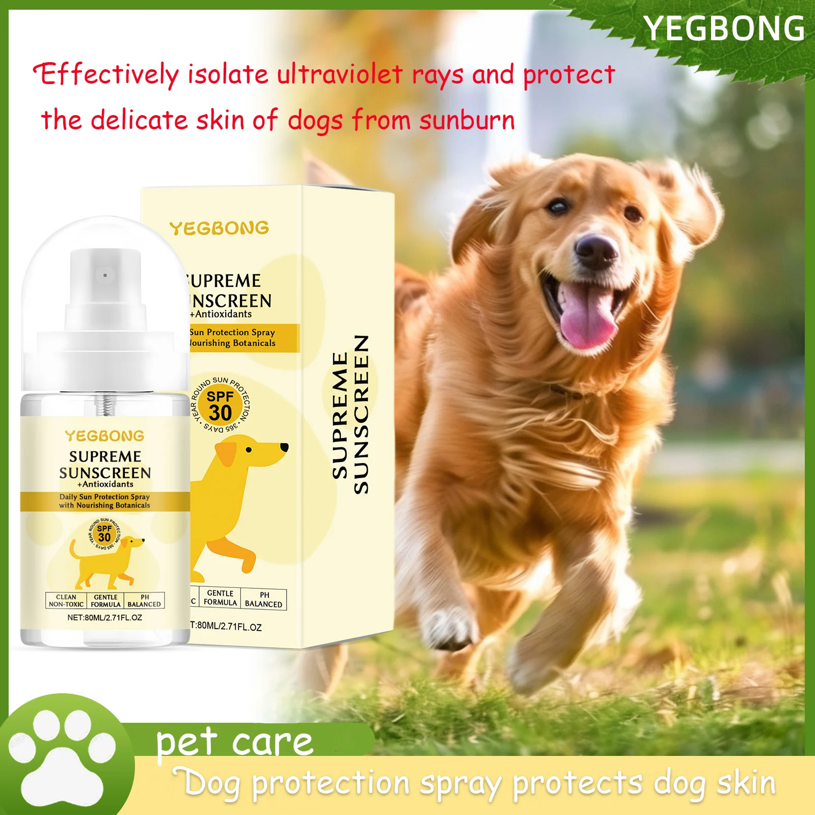 

Yegbong Dog Sunscreen Spray Waterproof Mild Vitamin E Skin Protection Dog Care Spray Gentle Formula Suitable Sensitive Skin.