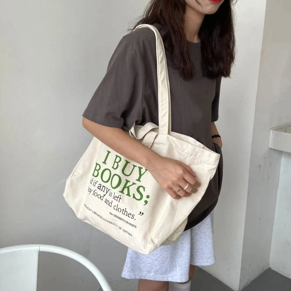 

Large Capacity Letter Print Tote Bag Zipper Shopping Literary Canvas Shoulder Bag Casual Handbag Woman Shoulder Bag Daily