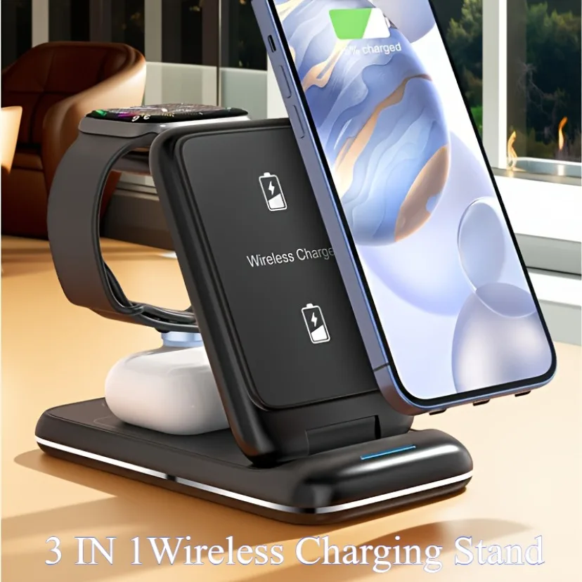 

Складная подставка для беспроводного зарядного устройства 3 в 1, станция быстрой зарядки для iPhone 16, 15, 14, 13, 12 Pro Max Mini iWatch 10-2 SE AirPods
