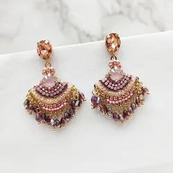 Ethnic Retro Handmade Colorful Beaded Fan Shaped Long Tassel Earrings for Women S925 Silver Needle Bohemian Ear Piercing