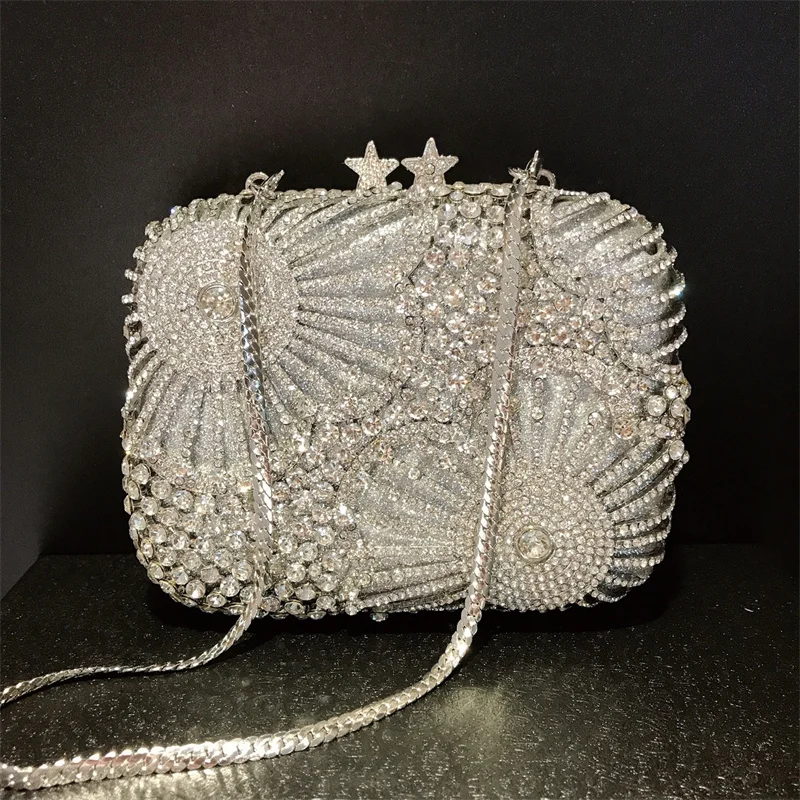 XMESSUN Women New Silver Crystal Diamonds Clutch Purses,Fashion Flower Bridal Stone Handbags Ladies Wedding Party Evening Bags