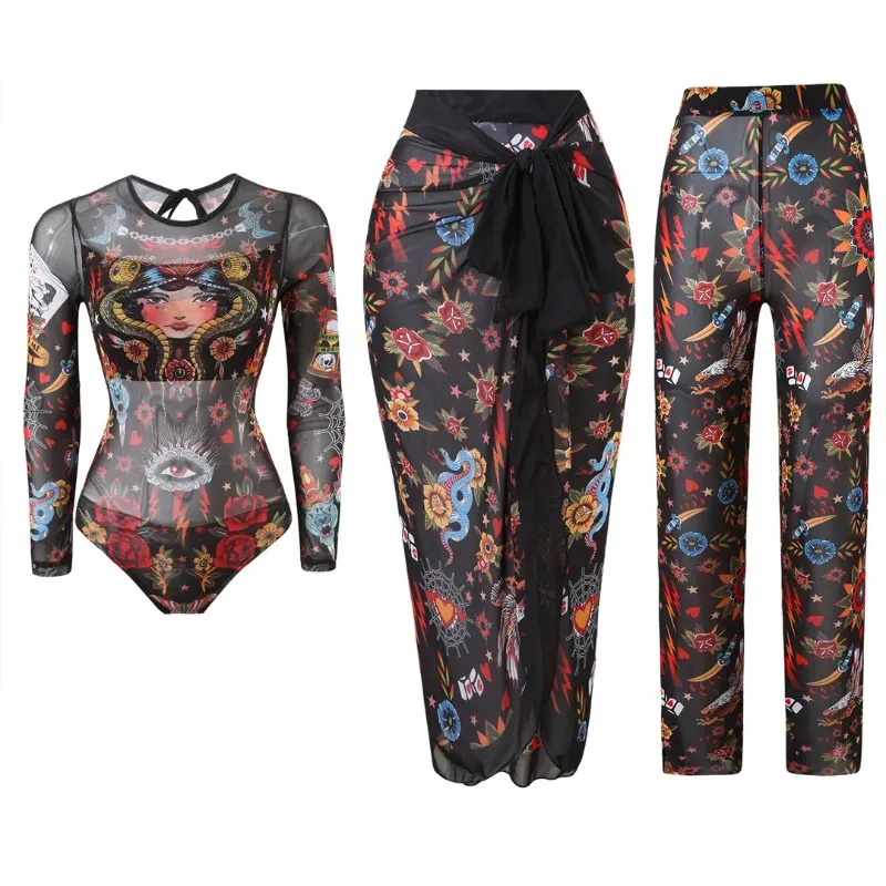 Printed Bathing Suit Women Long Sleeve One Piece Swimsuit Bandage Cover Up Straight Pants Female Beachwear Swimwear Three Piece