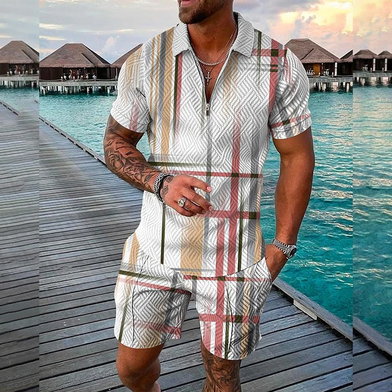 Funny 3D Print Men's Sets Fashion Polo Shirt+Shorts 2 Piece Outfit Fashion Zipper Short Sleeve Shirts Summer Hip Hop Streetwear