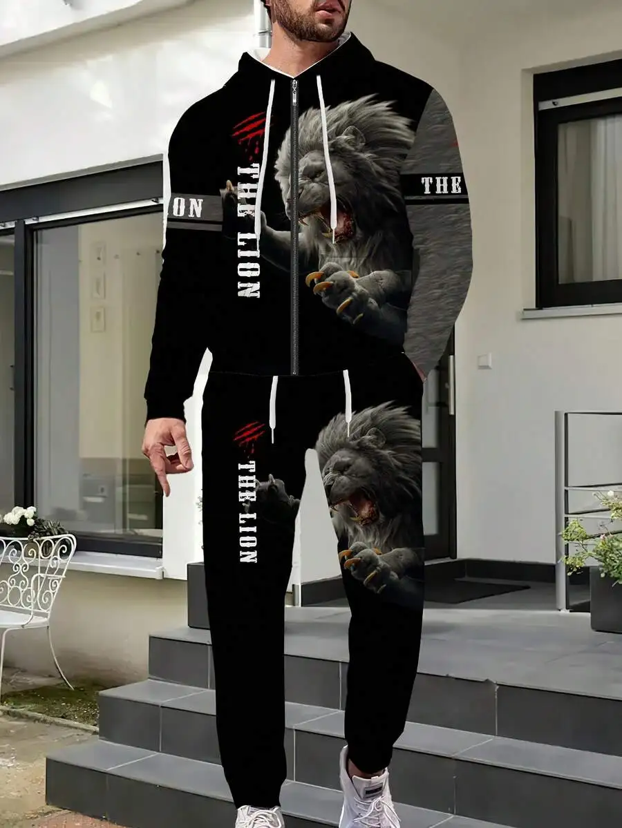 

Mens Lion Print Zipper Hoodie And Sweatpants Set Casual 2-Piece Polyester Tracksuit
