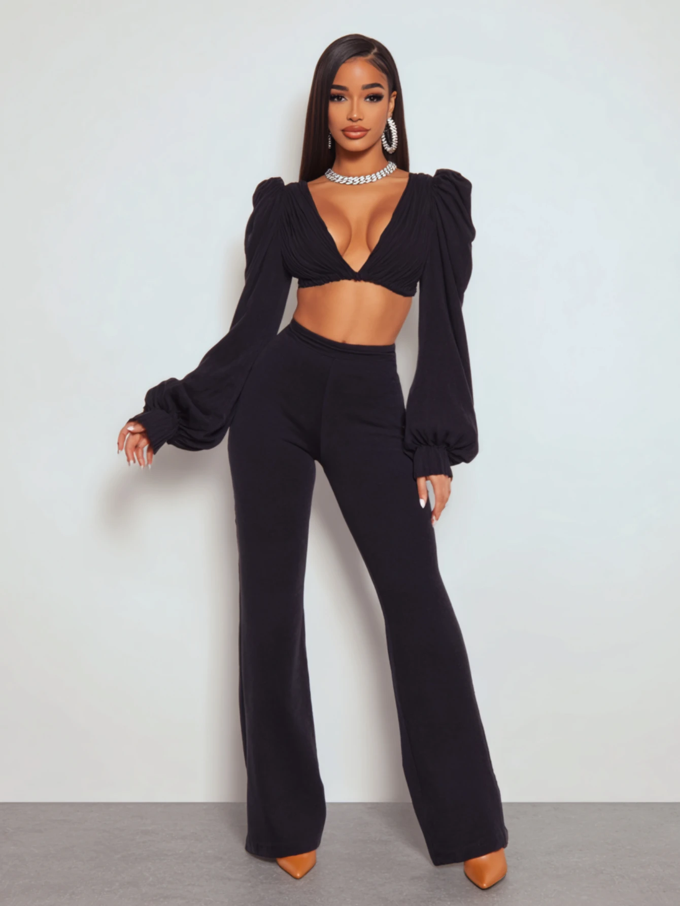 

Mia Muse Boutique Women's Sets Autumn Sexy Skinny Fit Plain Cropped Lantern Sleeve Plunge Neck Full Length Casual Pants Sets