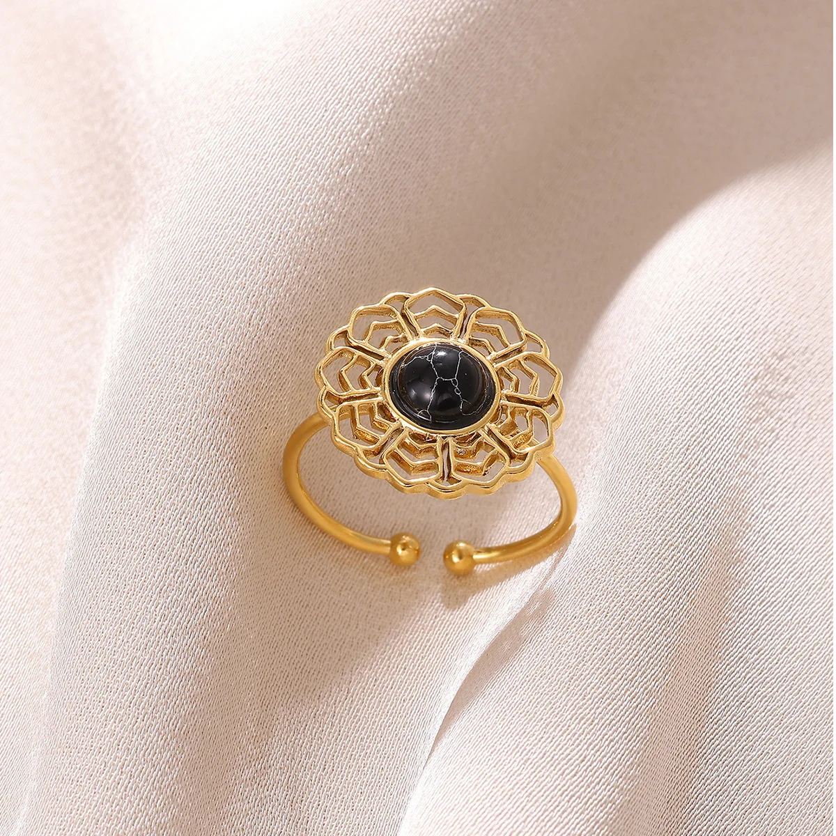 Edelstahl Hohl Öffnung Ringe für Frauen Vintage Gold Farbe Naturstein Geometrische Blume Weihnachten Schmuck Geschenk