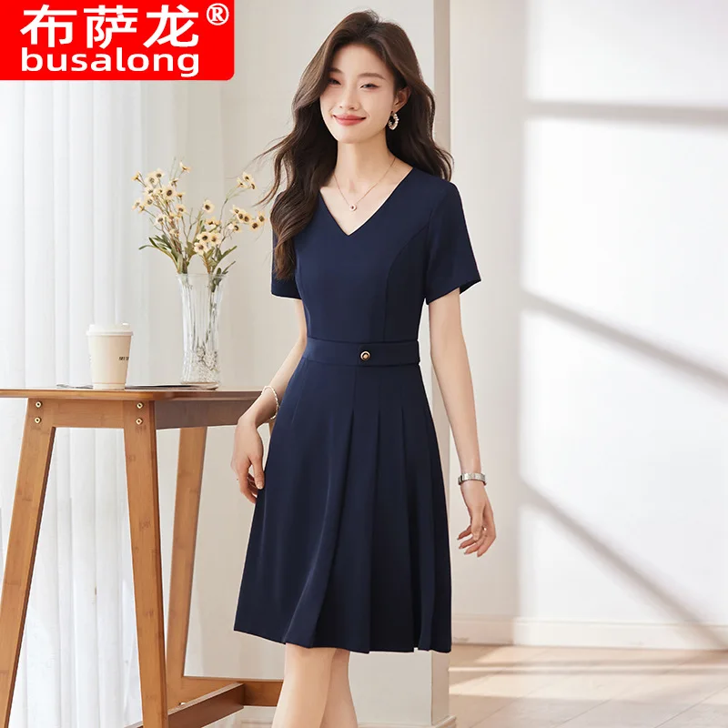 

Новое летнее платье с V-образным воротником для косметолога, рабочая одежда для ювелирного магазина, женское профессиональное утягивающее платье для стойки регистрации