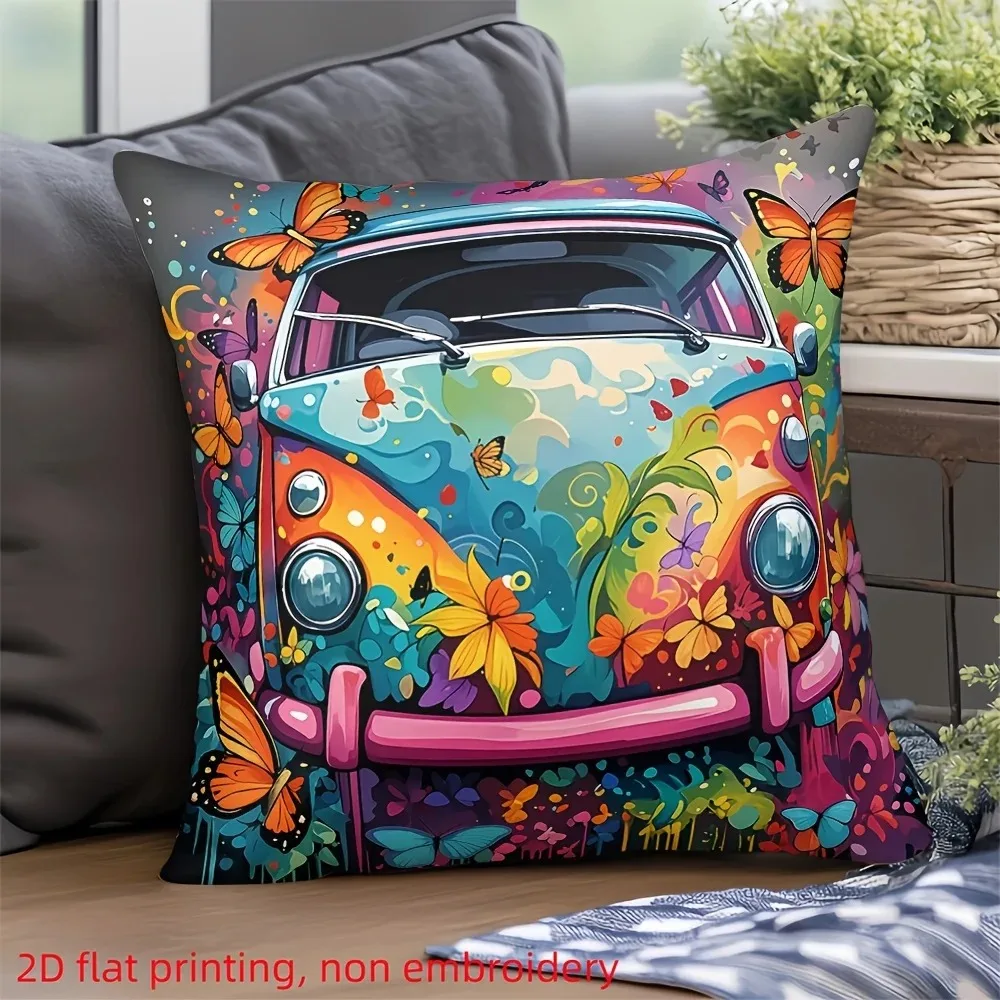 Retro Hippie Bus Colorful Flower Pillowcase 2D Flat Printed Peach Skin Vintage Camper Van Cushion Cover for Living Room Sofa