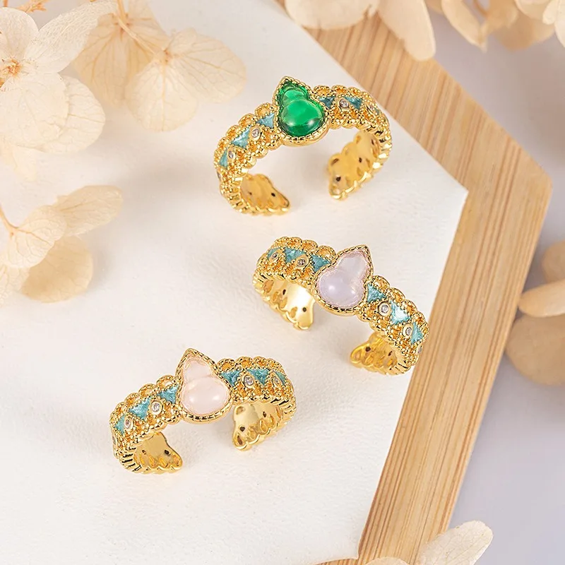 

Retro National Tide Style Pink Crystal Xiaojiao Jade Ring Female Exquisite Lace Green Enamel Advanced Temperament Light
