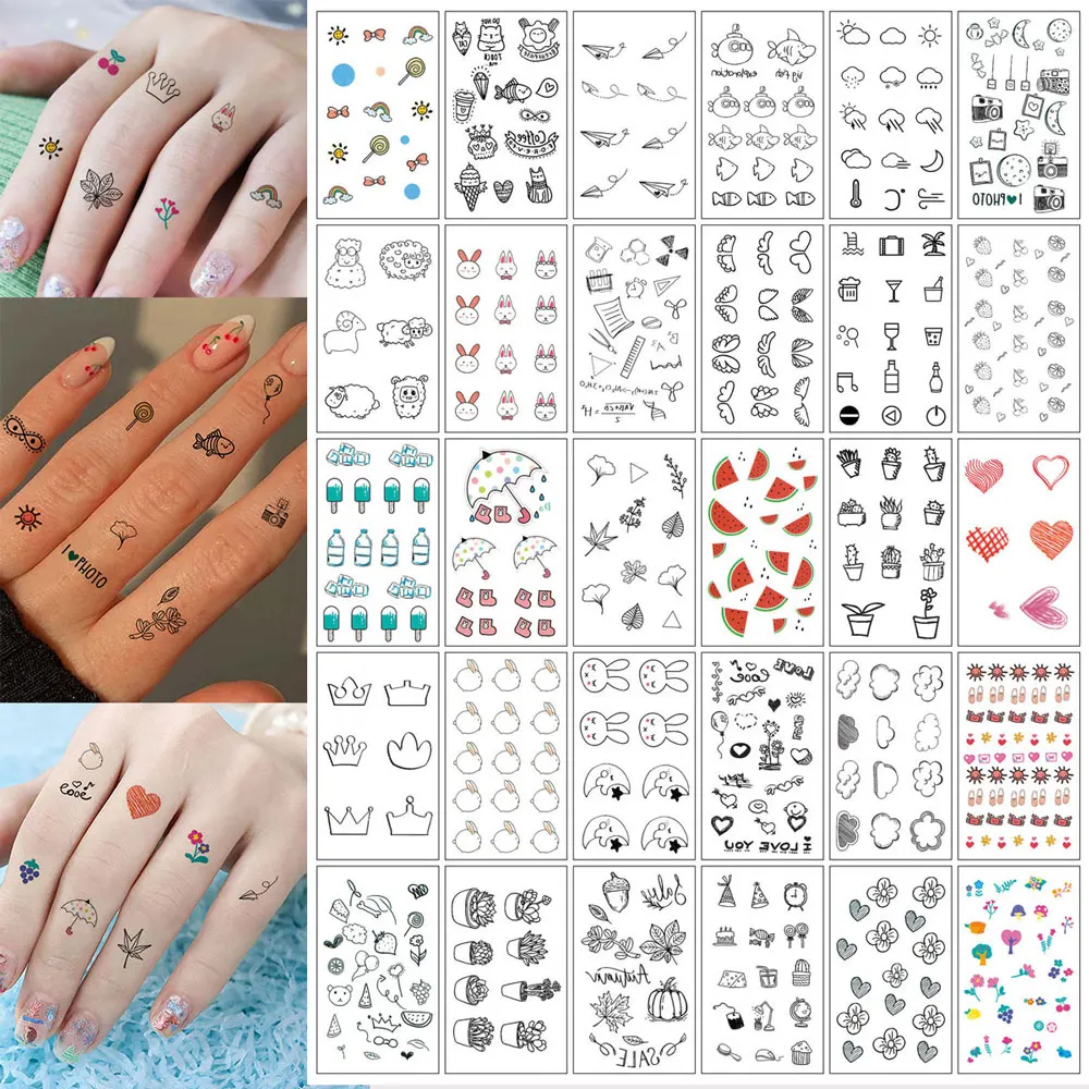 30pcs Small Design Temporary Tattoo Stickers for Hand Finger Rabbit Fruit Flower Fake Tattoo for Women and Men Body Decor