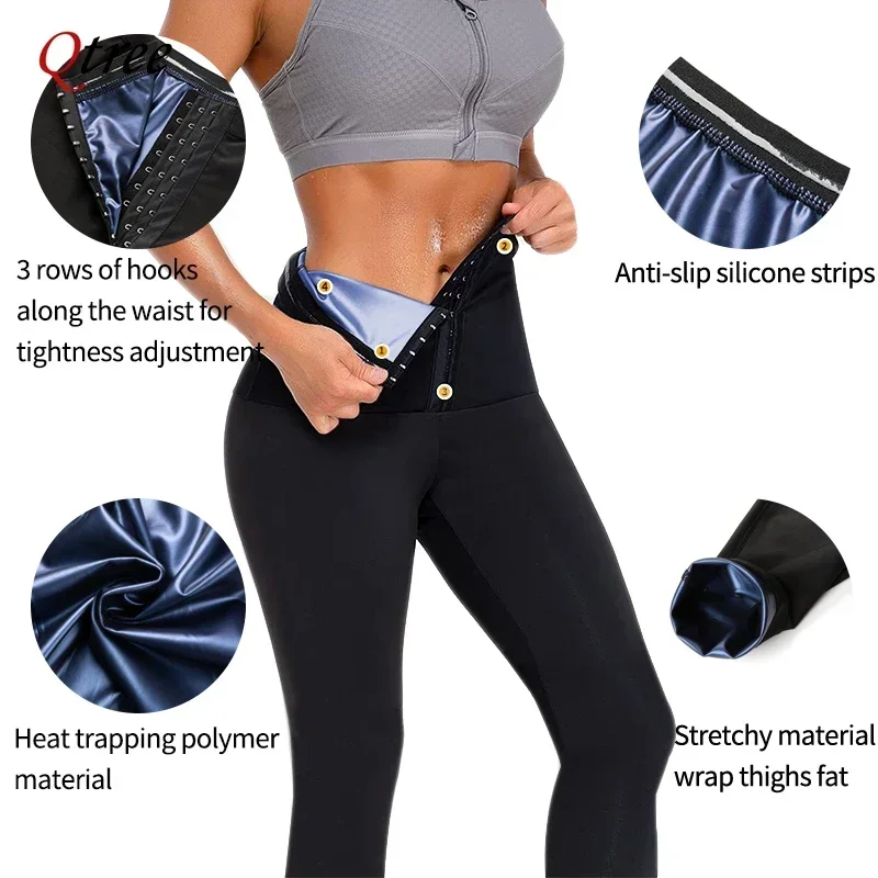 Qtree Sauna Sweat Shorts for Women High Waisted Hot Thermo Waist Trainer Slimming Leggings Trimmer Pants Body Shaper with Hooks