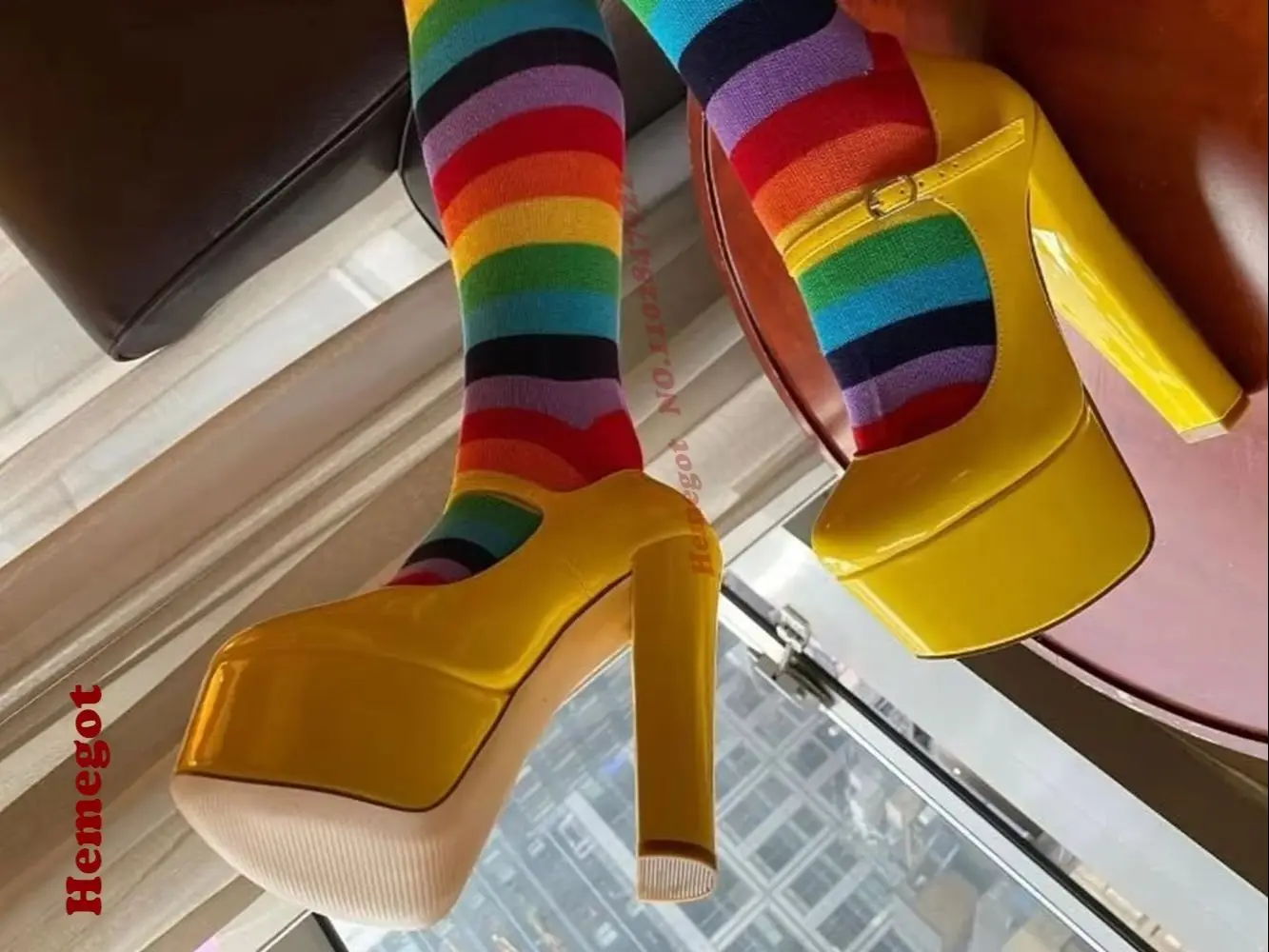 Yellow Platform Shallow Women's Pumps Round Toe Chunky Heels Buckled Pumps Patent Leather Solid Runway Shoes Elegant Luxury