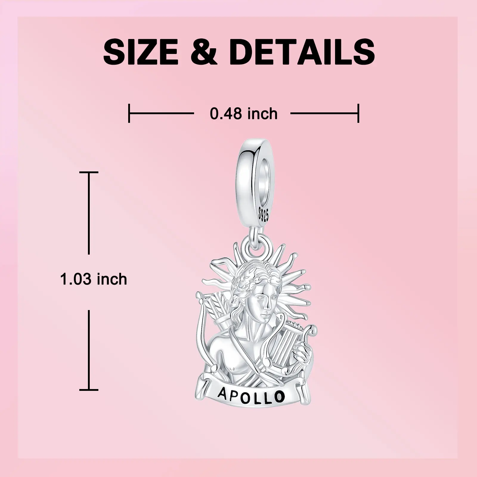 925 Sterling Silver Greek God Apollo Dangle Charm Sun God Lyre & Arrow Engraved Banner Pendant Fit DIY Bracelet Jewelry Gift