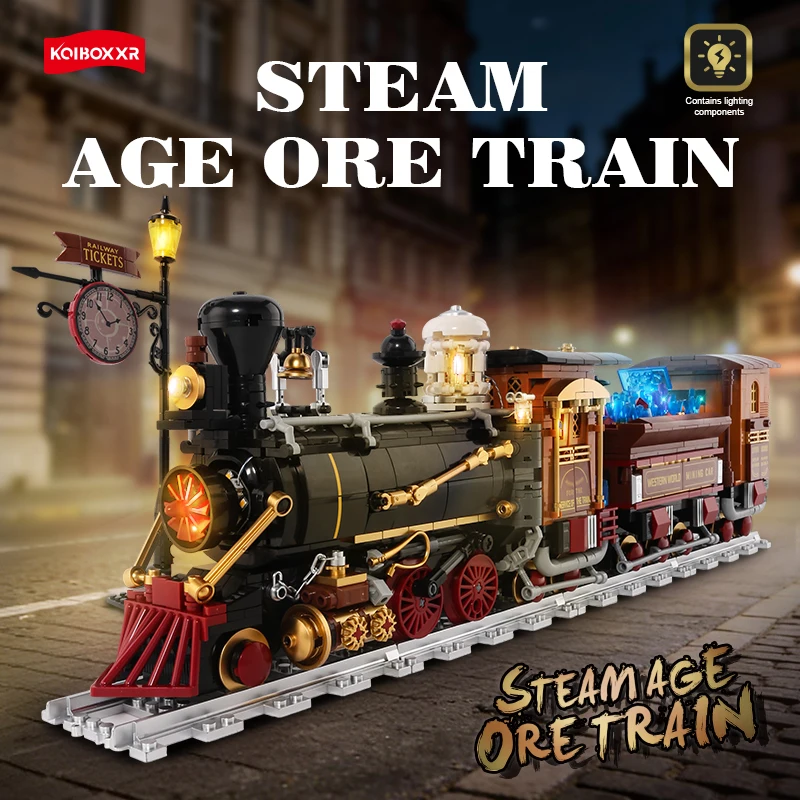 

Steam Age Ore Train New Version with Light Set, DIY Building Blocks Model Toy Decoration Birthday Gift for Boys Girls