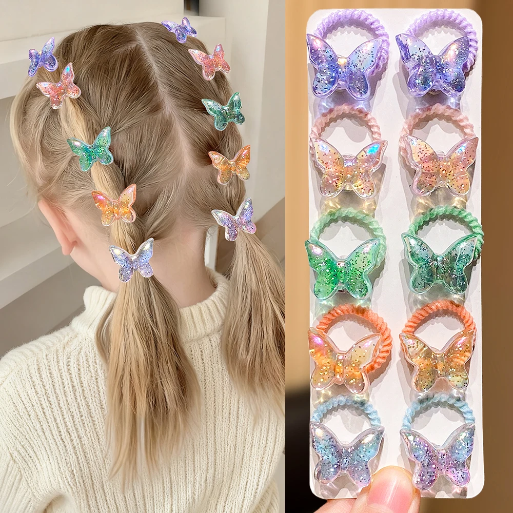 10 قطع من ربطات الشعر الملونة بالترتر للفتيات، أربطة شعر متينة عالية المرونة مع زخارف على شكل نجمة فراشة على شكل قلب عصرية C