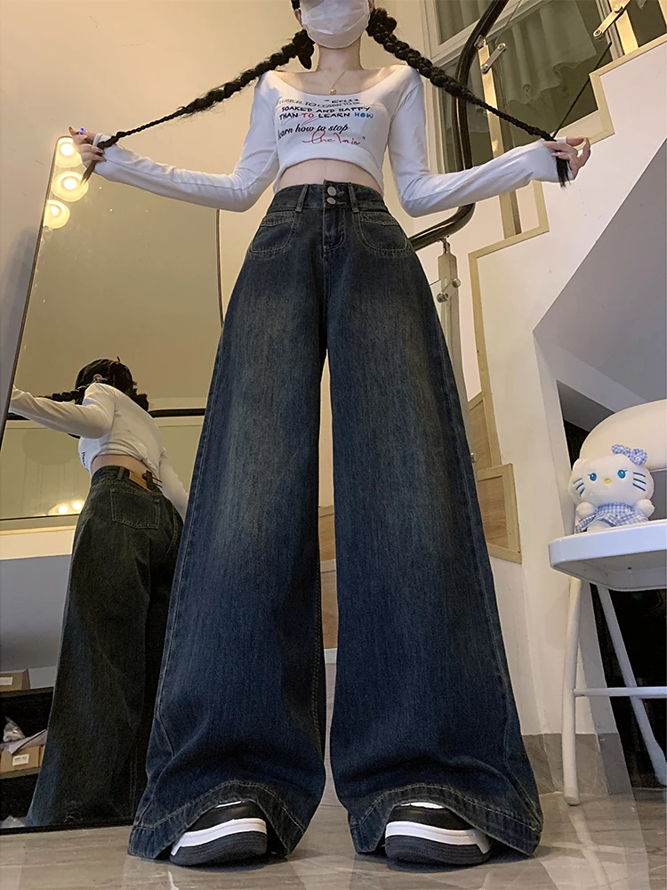 Light Blue High Waist Wide Leg Jeans Women's Autumn New Sle Double Bule Loose Drapey Straight Leg Slimming Floor-Length P...