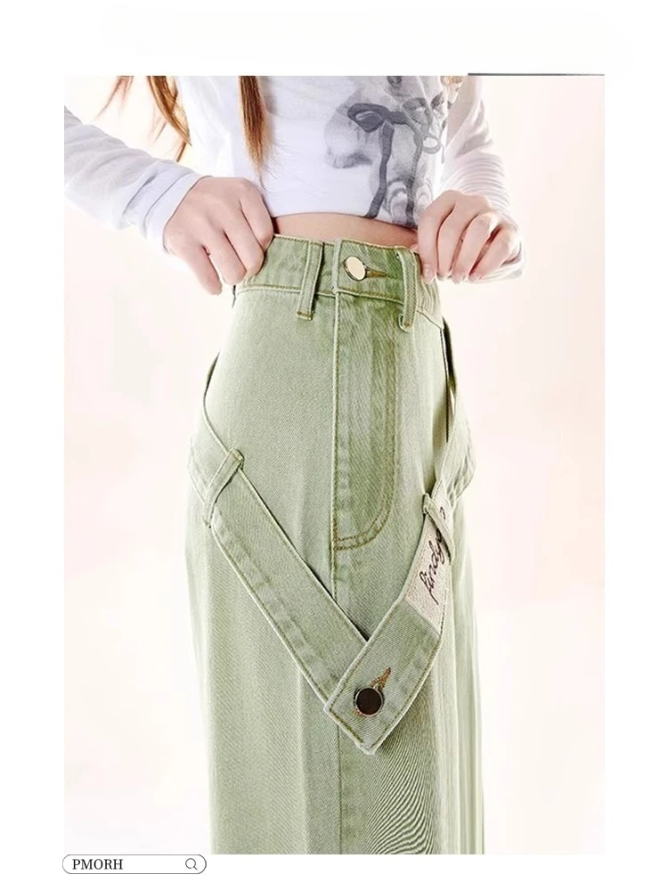American style retro green side zipper jeans women's spring and summer design gradient loose fashion wide leg pants