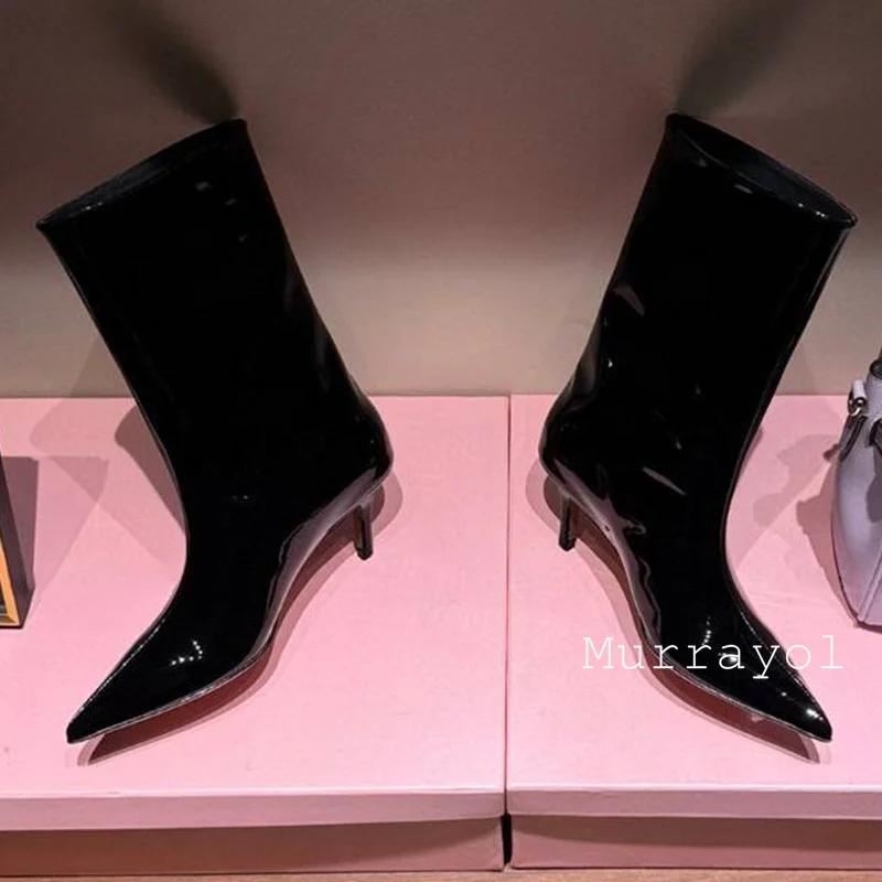 2025 جديد جلد طبيعي مثير منتصف العجل بوتاس النساء أشار تو هريرة الكعوب أحذية بوت قصيرة ربيع الخريف الأحذية الحديثة الموضة