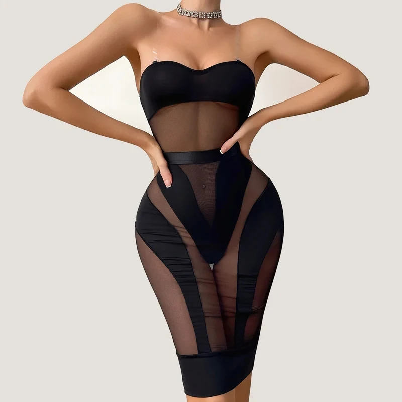 

Elegant Hot Sexy Lingerie See Through Bodysuit Half Dress 2PC Set Seductive Splicing Party Queen Costume Erotic Underwear