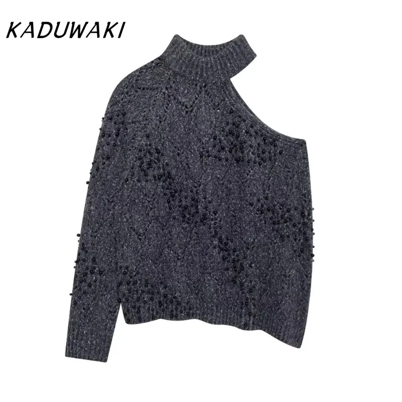 

KADUWAKI European/American Style Asymmetric Sexy Off Shoulder Hollow Beaded Knitted Pullovers American Retro Long-sleeved Top