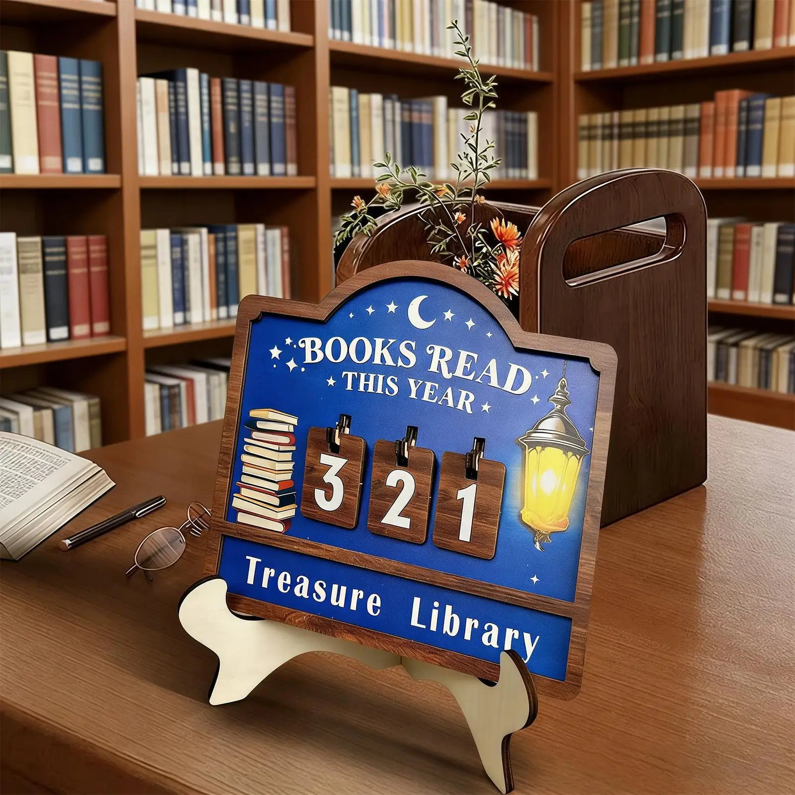 Books Read counter Sign Wood Reading Challenge Decor Book reading counter Ornament with Changeable Number Plates Lantern Pattern