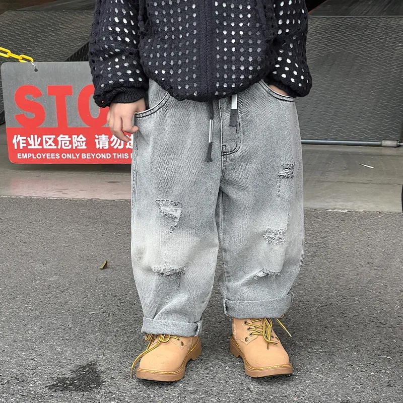 

Children Pants 2023 Autumn Winter New Kids Jeans Boy Gradient Color Casual Ripped Fashionable Boy Loose Style Simple Denim Pants