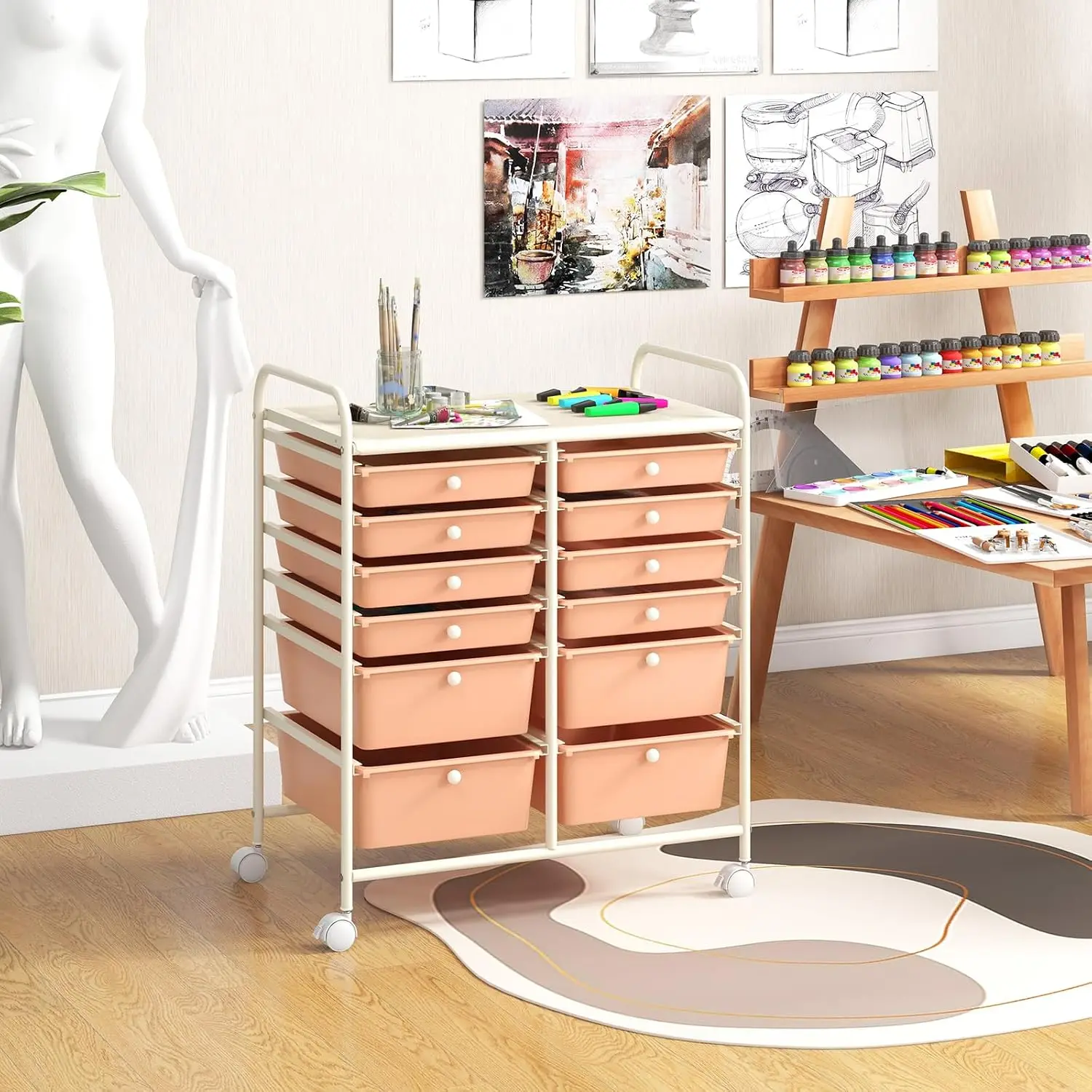 Multipurpose 12 Drawer Rolling Organizer Cart Plastic Utility Mobile Storage 2 Different Size Lockable Casters Home School Offic