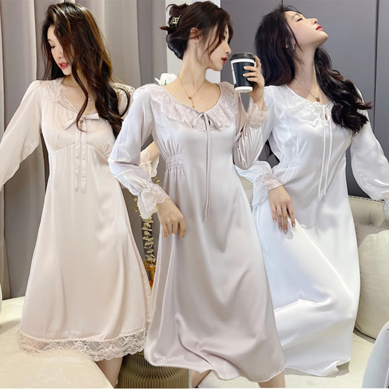 

Осень 2025 года, сексуальные кружевные шелковые атласные ночные рубашки с длинными рукавами и v-образным вырезом для женщин, французская одежда для сна, ночное платье, ночная рубашка, ночная рубашка