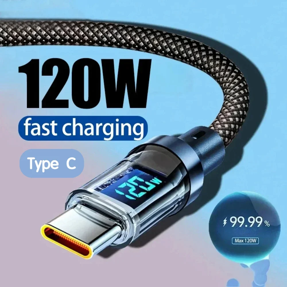 

New 120W 6A LED Digital Display Quick Charge USB Type C Cable For Samsung Xiaomi Huawei Fast Charging Data Cord Nylon Data Cord