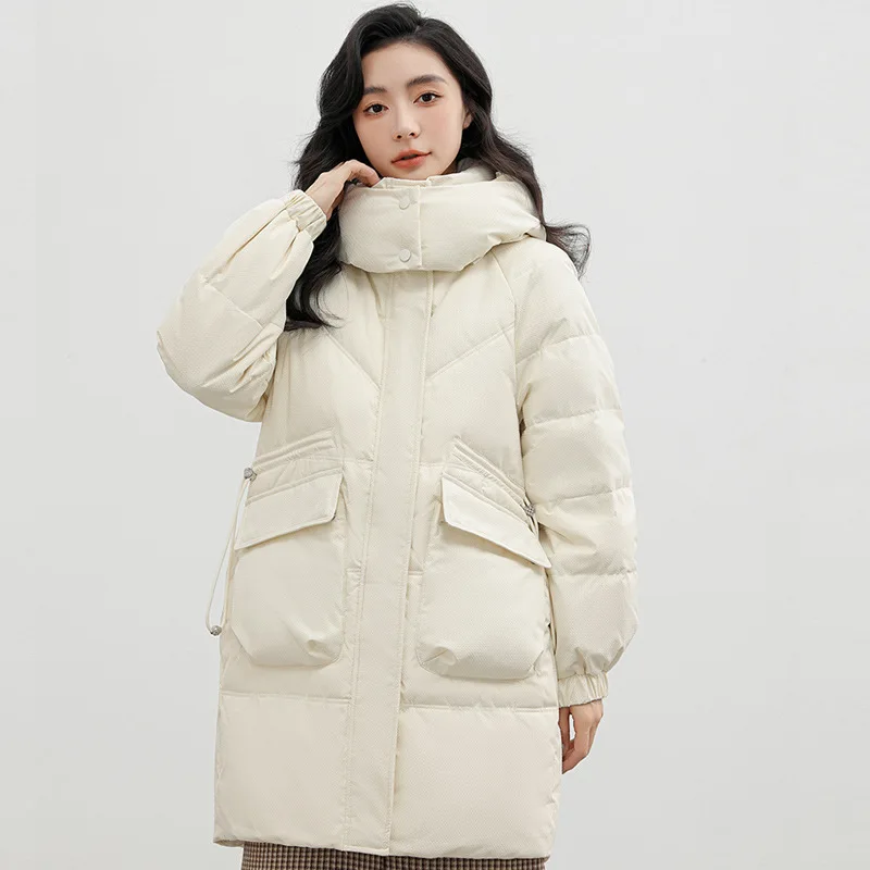 Women Hooded Parkas Coats Mid Lenth Overcoat Solid Drawstring Zip Long Sleeves Loose Thick Casual Office Lady 2025 Autumn Winter