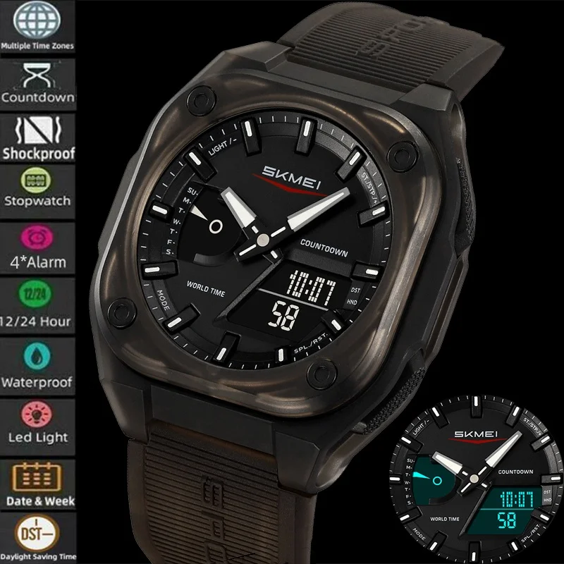 

Skmei Мужские спортивные часы с несколькими часовыми поясами, аналоговый цифровой дисплей, 4, будильник, мужские светодиодные водонепроницаемые электронные наручные часы