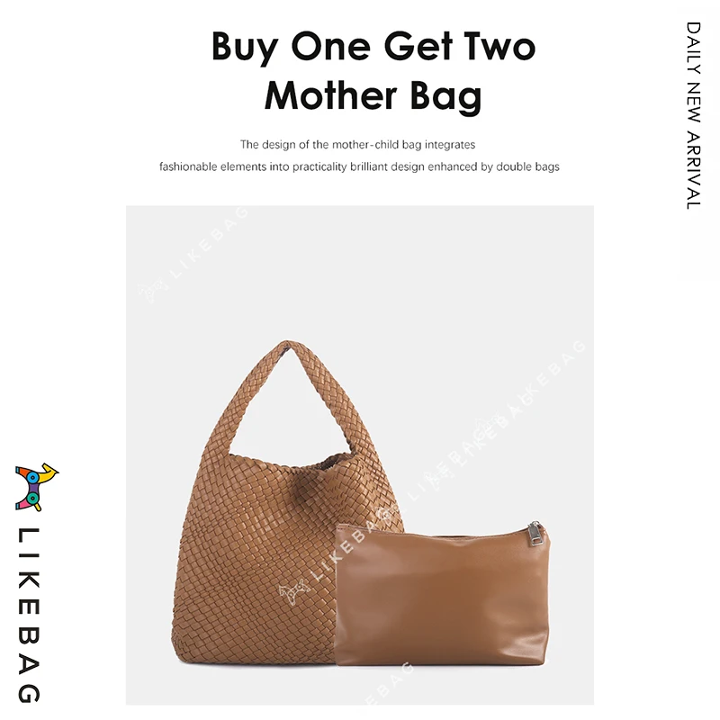 LIKEBAG Fashion Ladies Original Hand Woven Handbag PU Leather Woven Women Large Capacity Tote Bag With Small Bag