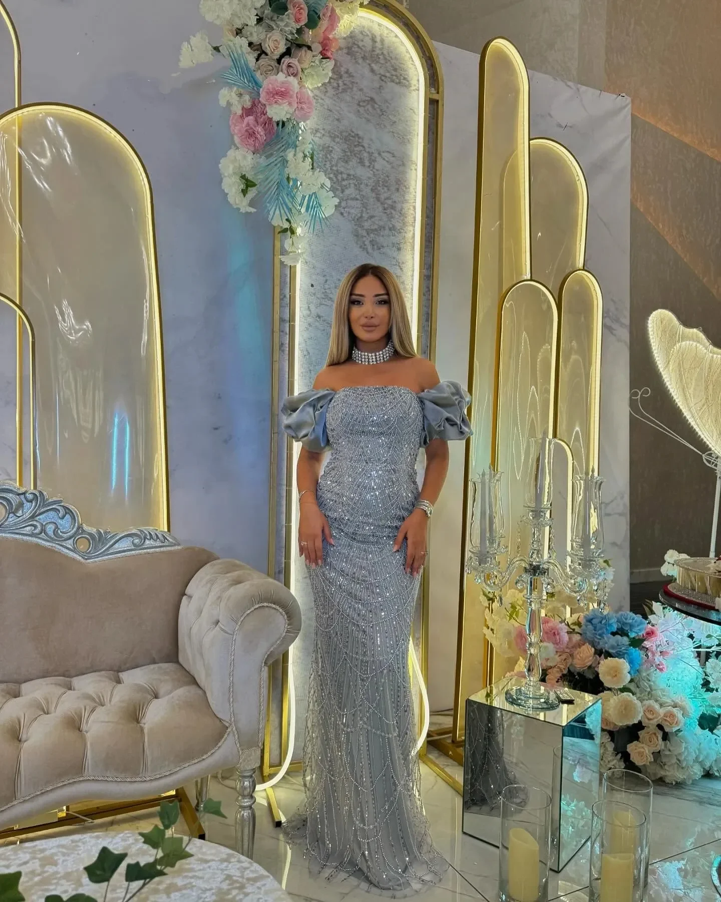 Maßgeschneidertes 2026 luxuriöses Meerjungfrau-Spitzen-Pailletten-Damen-Abendkleid, trägerlos, rückenfrei, sexy Party-Empfang, Schönheitswettbewerbskleid