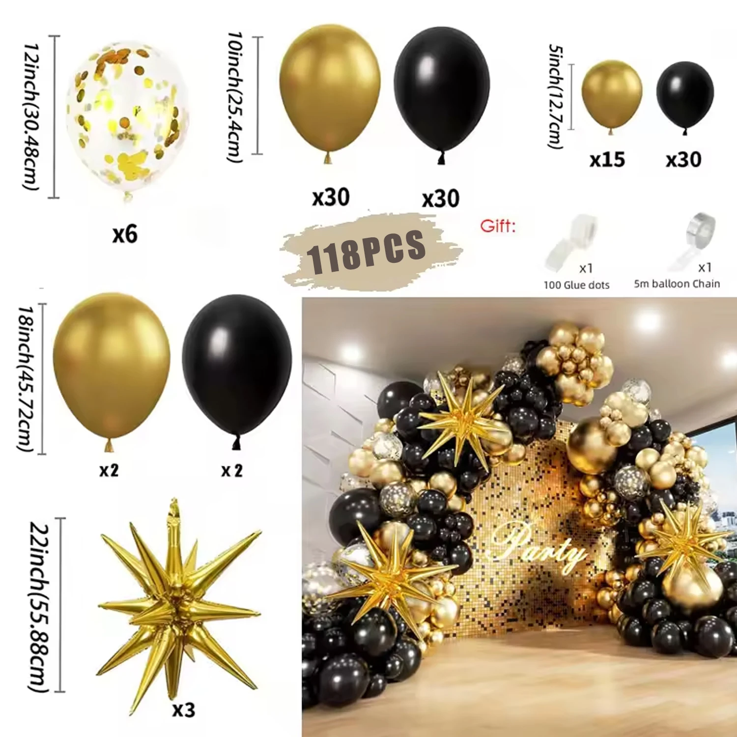 طقم قوس بالونات باللونين الأسود والذهبي مع بالونات من رقائق النجوم لمستلزمات زينة حفلات الزفاف وأعياد الميلاد والعائلية #2