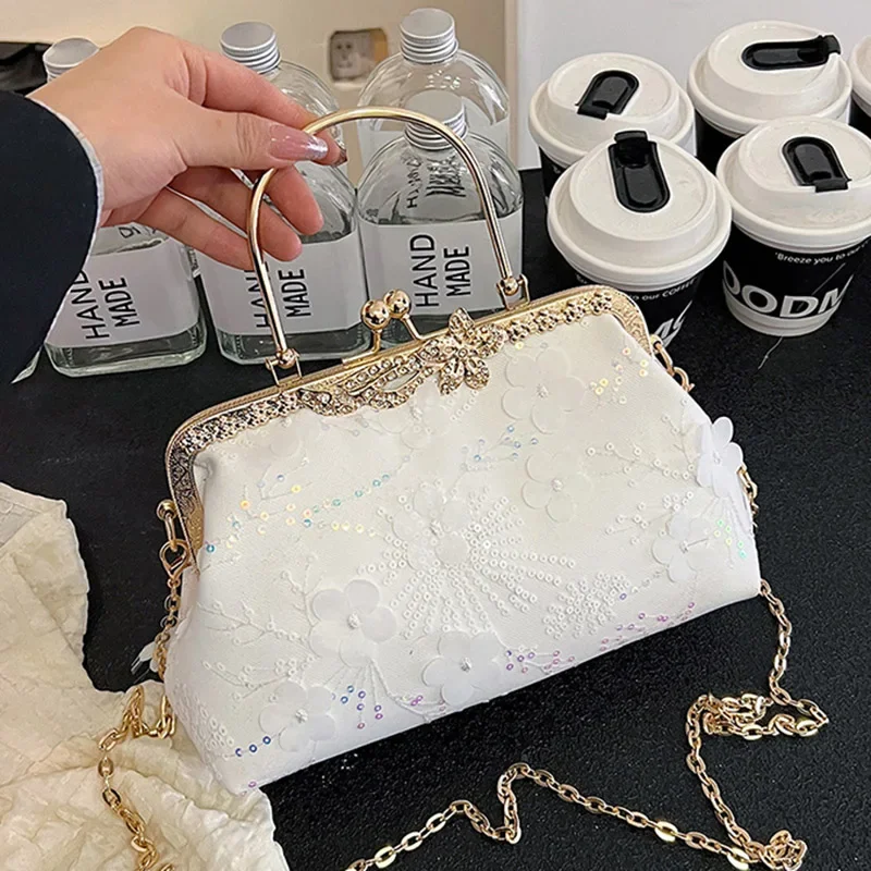 Luxury Women Appliques Sequins Evening Wedding Party Clutch Chain Messenger Bags Metal Hasp Totes White Gold Handbags And Purse