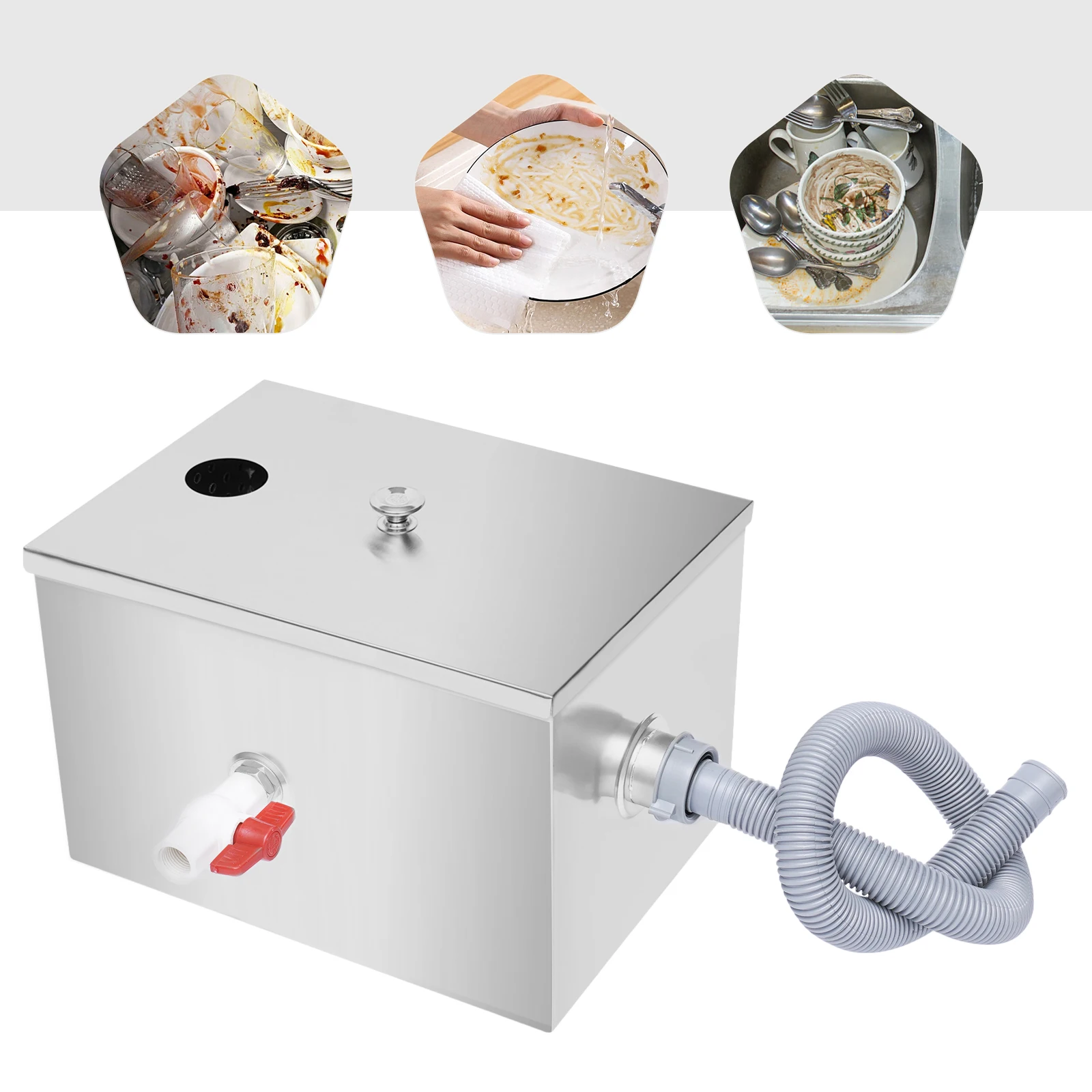 

Grease Trap Interceptor, Commercial Stainless Steel Under Sink Waste Fat Oil Water Separator, Grease Trap Filter w/ Inlets