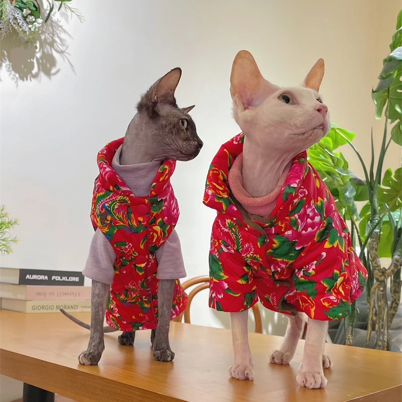 New Year Sphynx Cat Clothes Warm Waterproof Fleece Floral Jacket for Kittens Sweater for Devon Rex in Winter Thick Coat For Cats