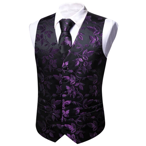 Imagen 2 del producto Lila púrpura violeta lavanda seda hombres chaleco corbata pañuelo gemelos conjunto tejido chaleco sin mangas chaqueta boda negocios Barry.Wang