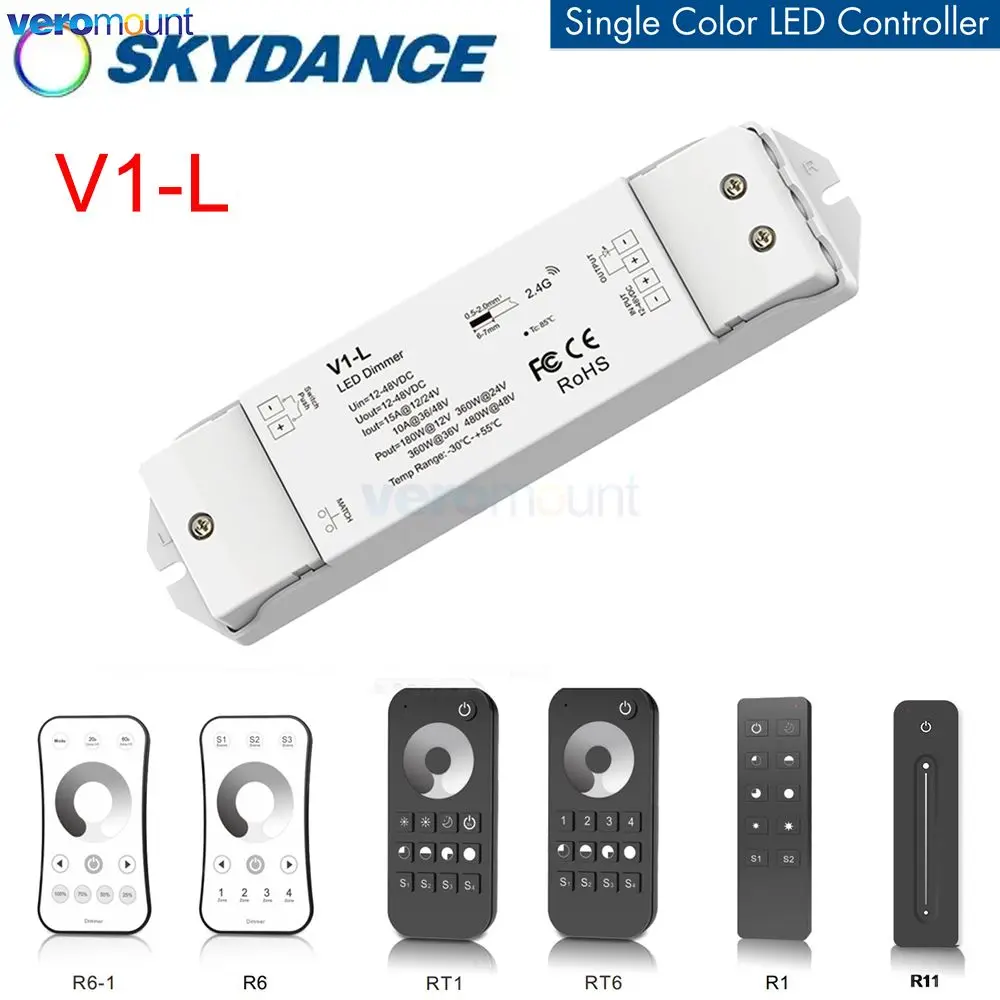 

Skydance V1-L LED Dimmer 12V 24V 15A PWM 0-100% Stepless Dimming Switch RF 2.4G Wireless RF Remote LED Strip Light Push Dimmer