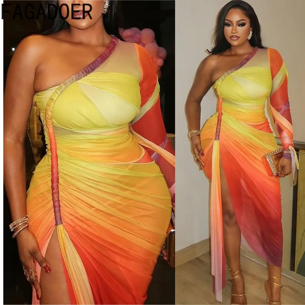 

FAGADOER Sexy Mesh Colorful Printing Bodycon Dresses for Woman Inclined Shoulder Backless Dress Female Streetwear Vestidos 2026