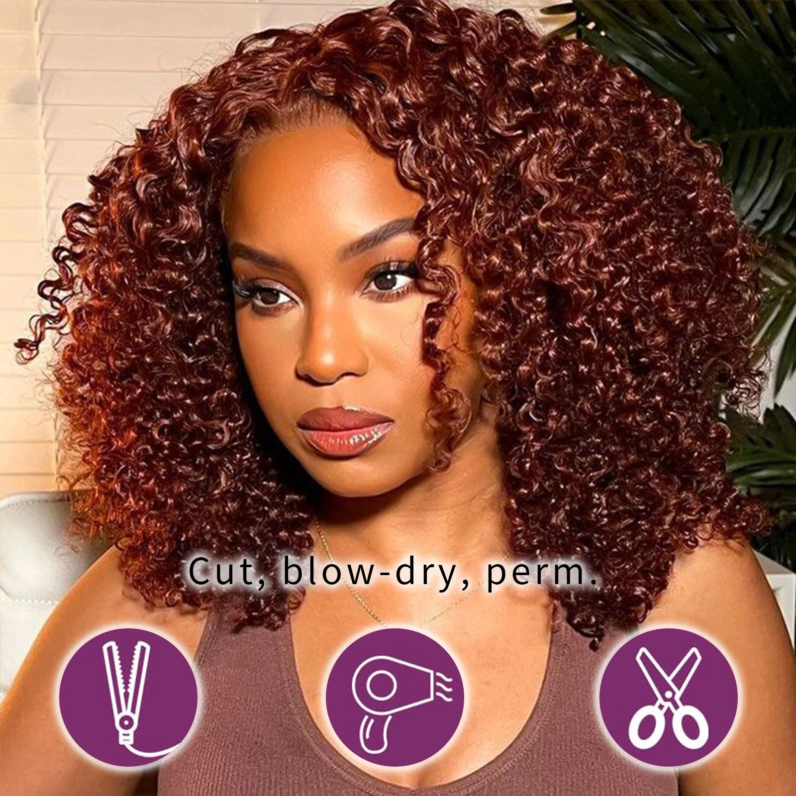 Perucas de Bob Encaracolado com T Part Lace, Onda de Água, Pré-Arrancado, Cabelo Humano Pré-Arrancado, Vermelho e Marrom, Vermelho