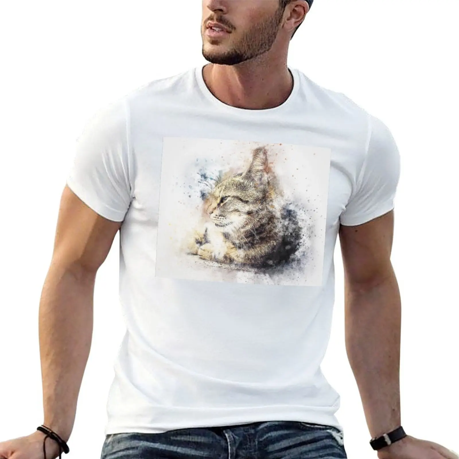 

Vintage t Cat 100% cotton casual man Watercolor shirt T-Shirt tshirt
