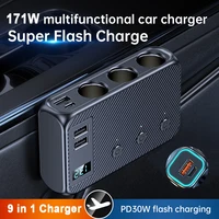 Cargador de coche 9 en 1 de 171W, divisor de encendedor de cigarrillos de 3 puertos, adaptador de corriente de enchufe de cargador rápido de 12V y 24V para iPhone, GPS, Dashcam