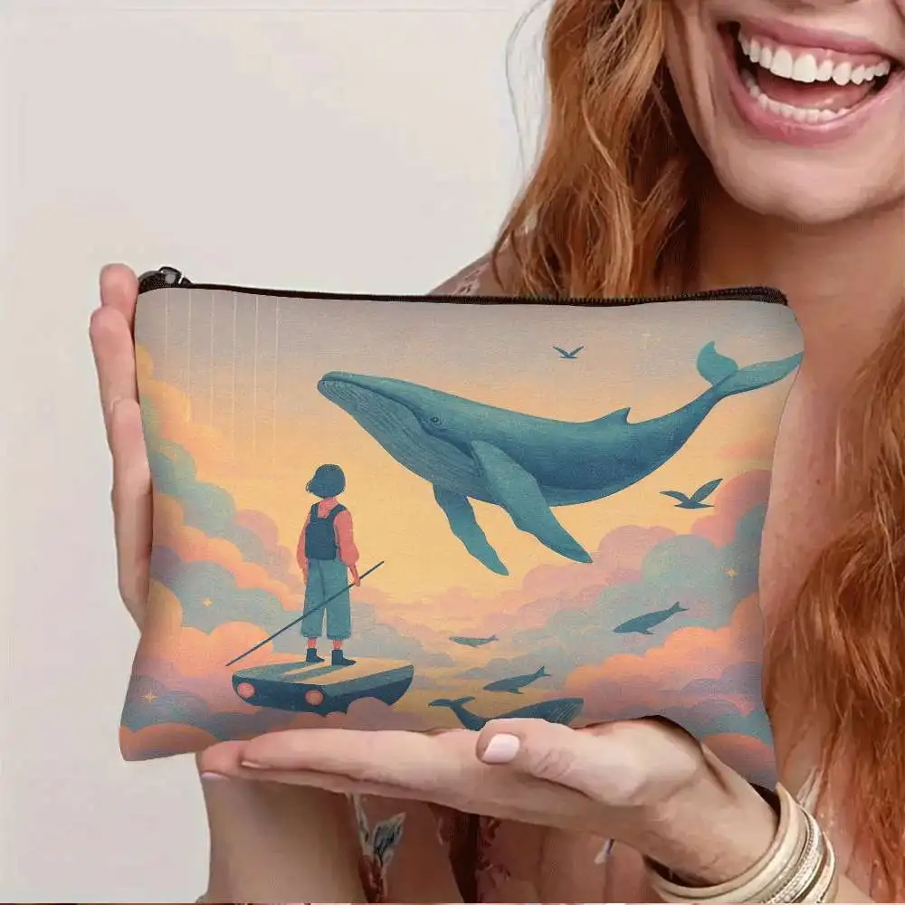 1 Piece Whale and Girl Makeup Bag - Women's Multifunctional Zipper Pouch, Perfect Travel Zipper Storage Bag, Fun Birthday Gift