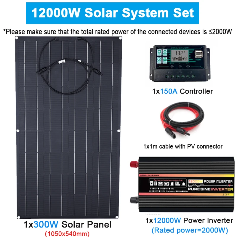 12V 220V 태양 전지 패널 시스템 300W ETFE 태양 전지 패널 150A 충전 컨트롤러 10000W 12000W 전원 인버터 키트 발전 키트 