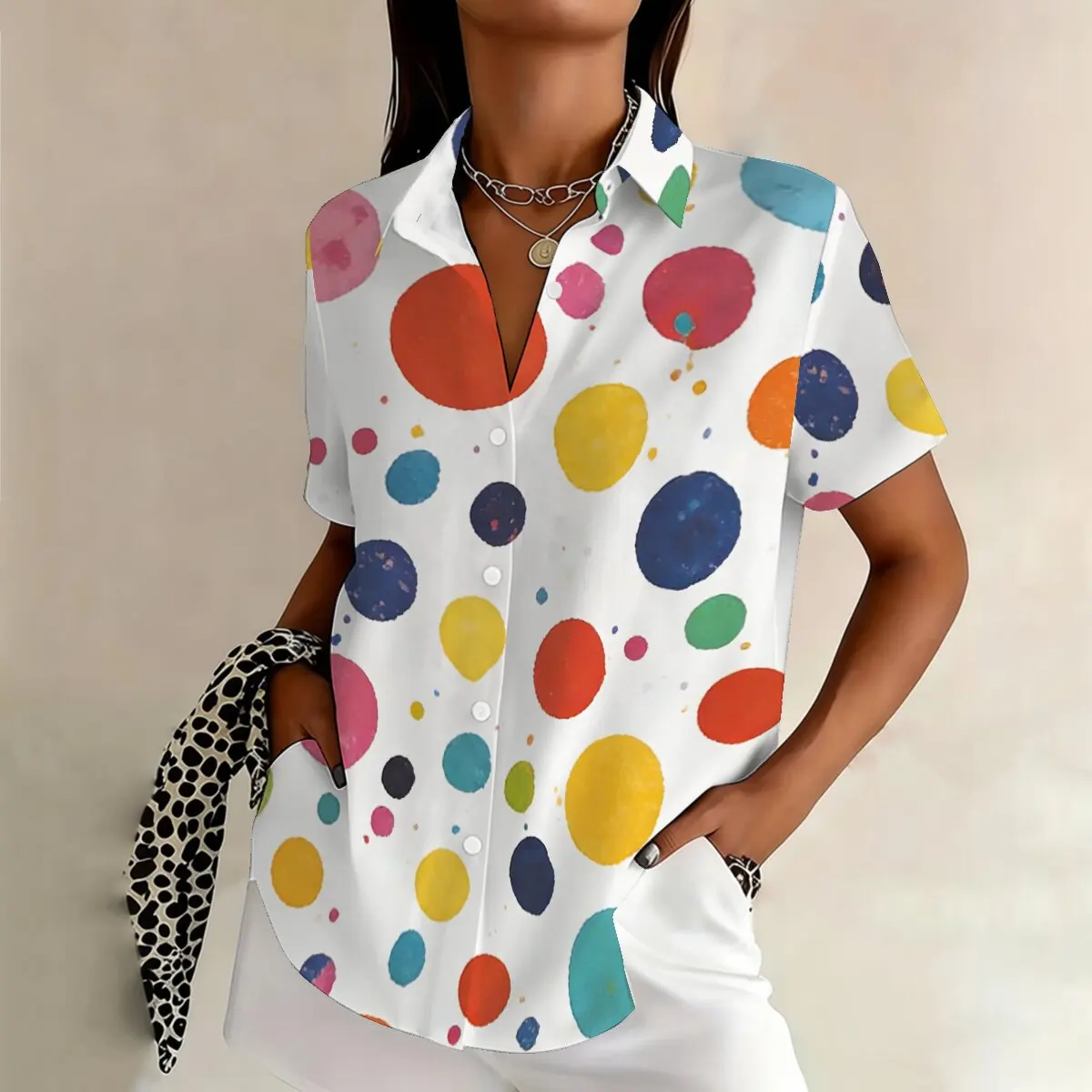 

Летняя женская рубашка больших размеров с короткими рукавами, в горошек с акварельными разводами, повседневная, в литературном стиле, свежая и подходящая для отпуска.